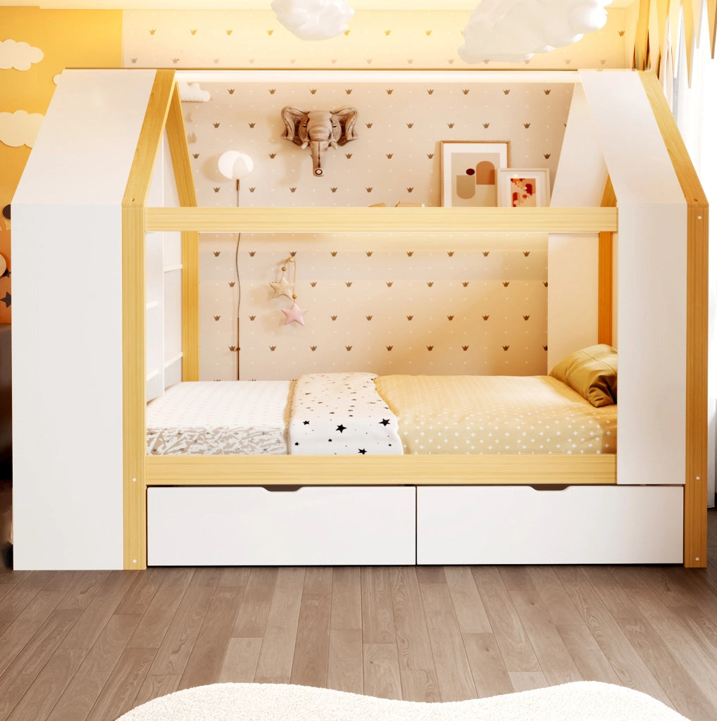 Letto a casetta 90 x 200 cm con LED, cassetti e vani contenitore