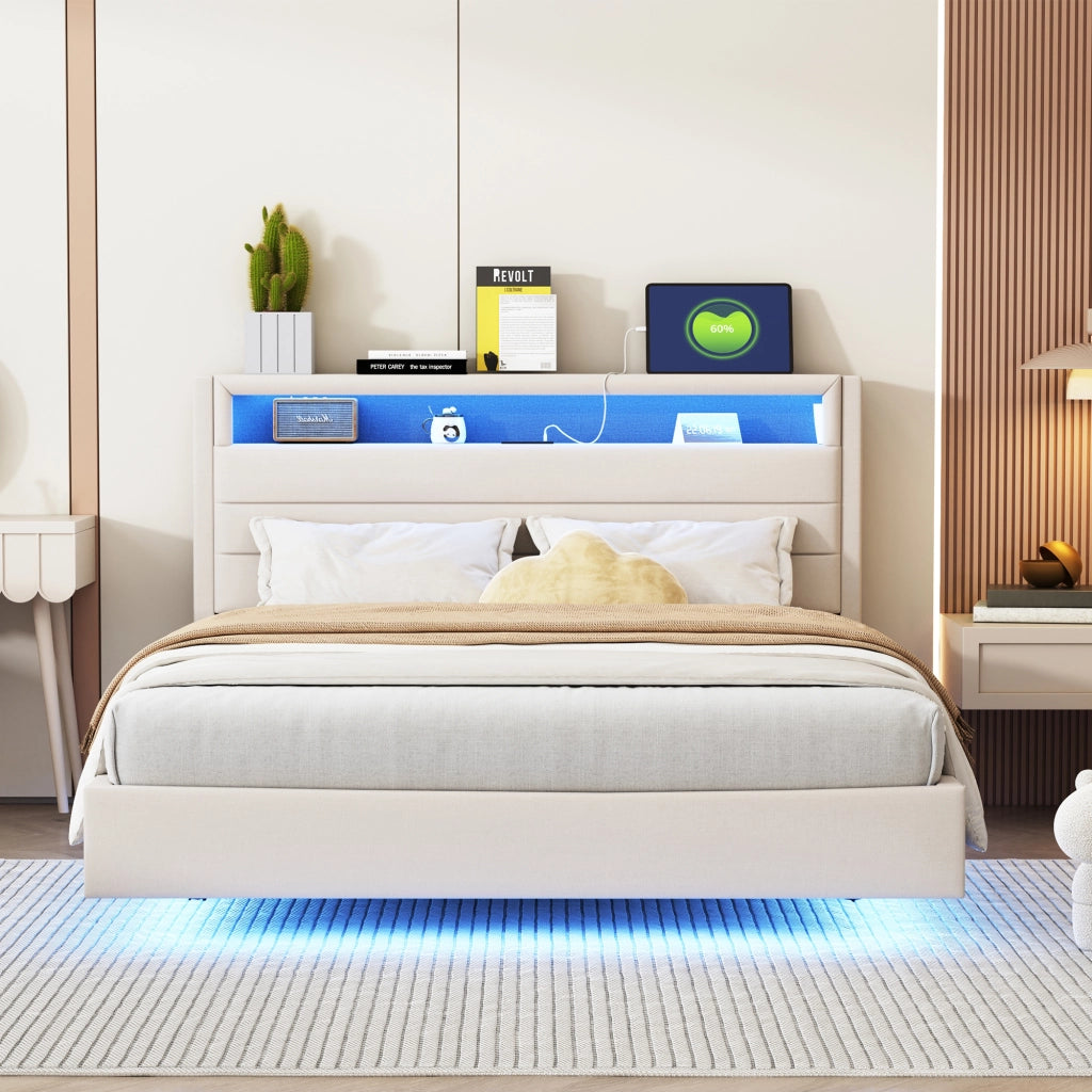 OKWISH Letto Imbottito 140×200 cm, Letto Matrimoniale con USB, LED Regolabile e Testiera Reversibile, senza Materasso, Beige