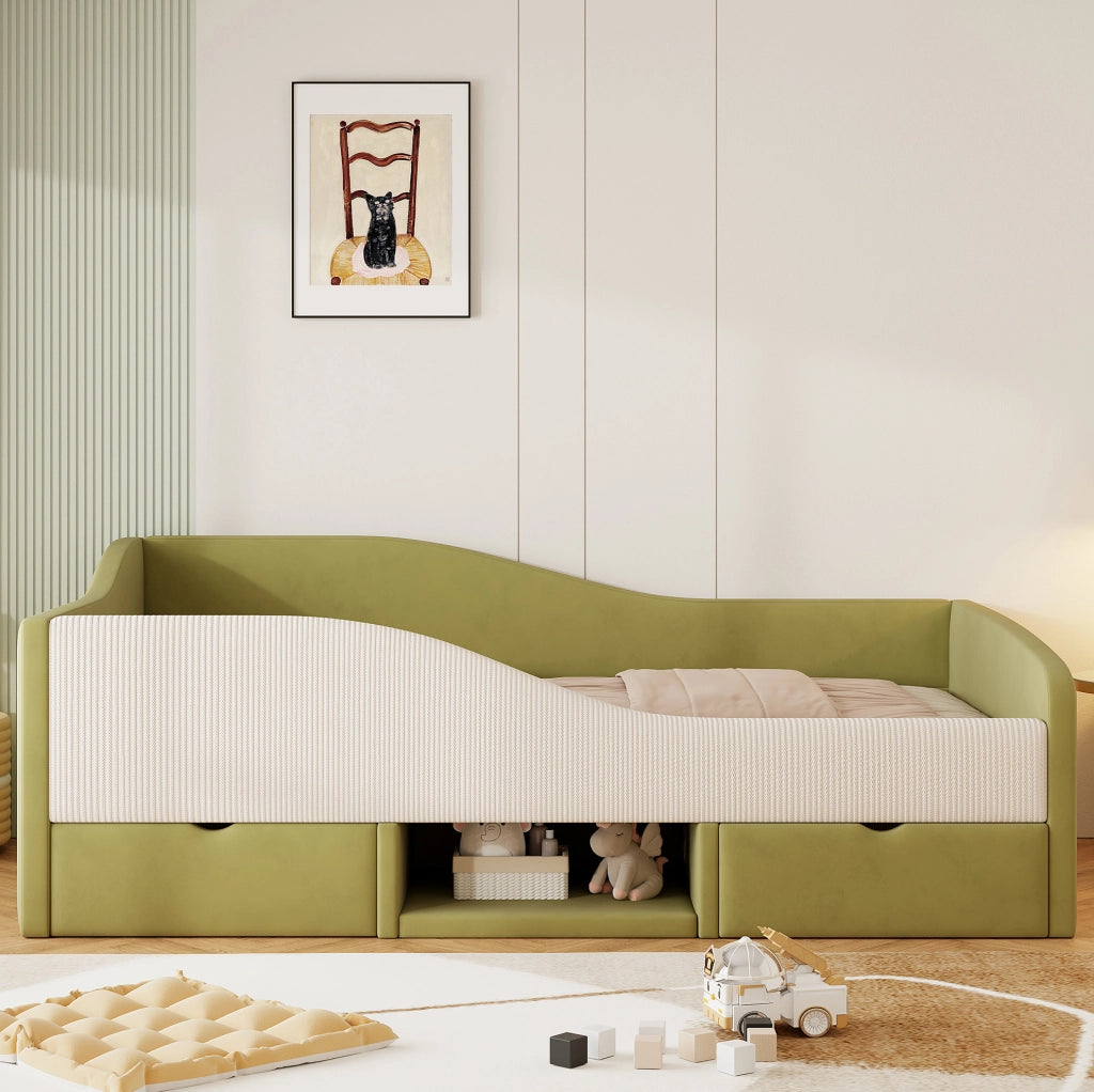 Divano letto imbottito 90x190 cm con 2 cassetti; velluto verde e avorio