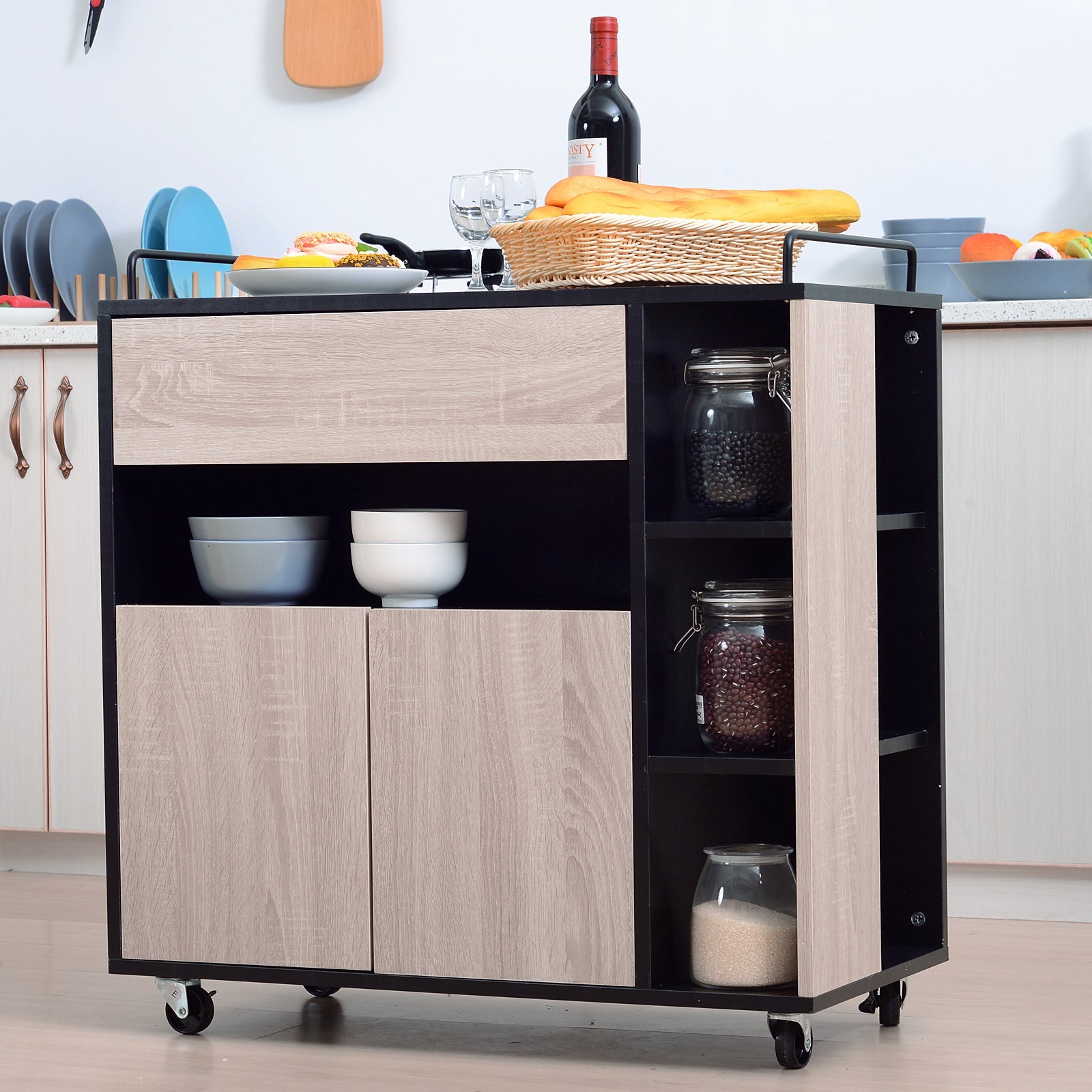 Mobiletto Carrello da Cucina con Cassetti in Legno Rovere e Nero 76.5x40x82 cm