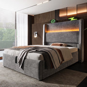 DESMIU Letto singolo 90 × 200 cm con LED, USB e Type-C, contenitore idraulico, senza materasso, lino, grigio