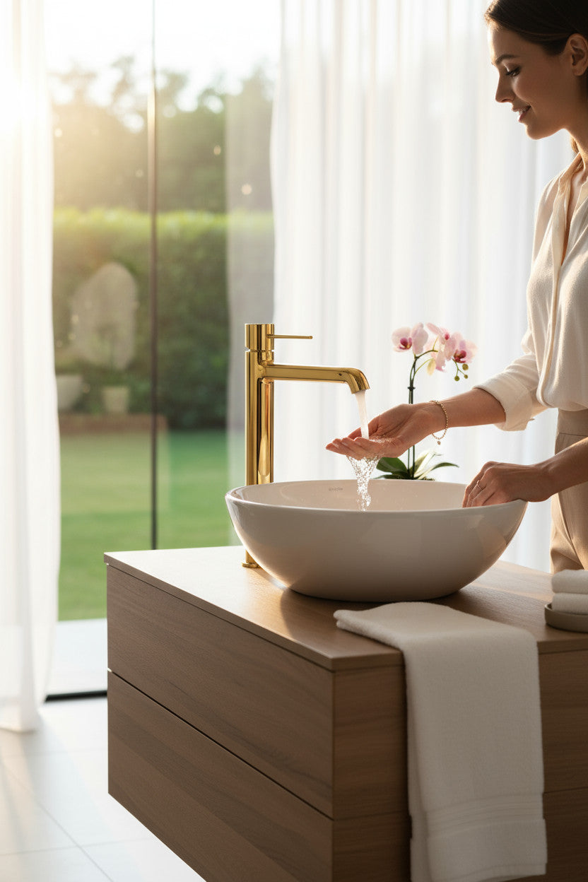 Miscelatore lavabo alto finitura oro spazzolato