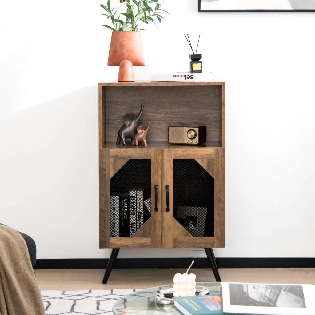 Credenza Cucina Industriale, Cantinetta Vino Legno con Ripiano Estraibile di Bottiglie, 2 Ante in Rete e Dispositivo Antiribaltamento, Mobile a Buffet, Bar, Marrone, 59,5 x 35 x 95,2 cm