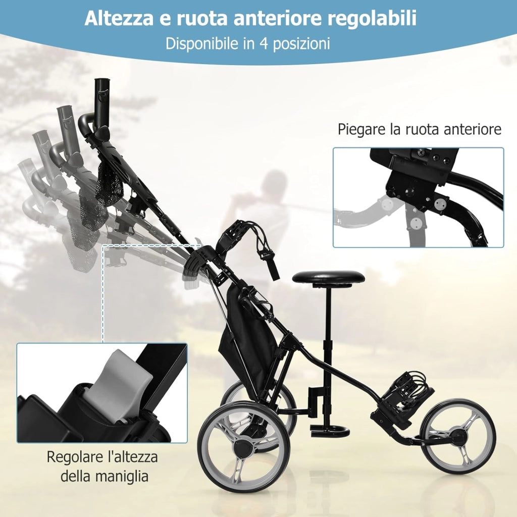 Carrello da Golf Pieghevole con 3 Ruote, Trolley da Golf Altezza Regolabile di Alluminio con Sedile, Porta Ombrello e Porta Bevande