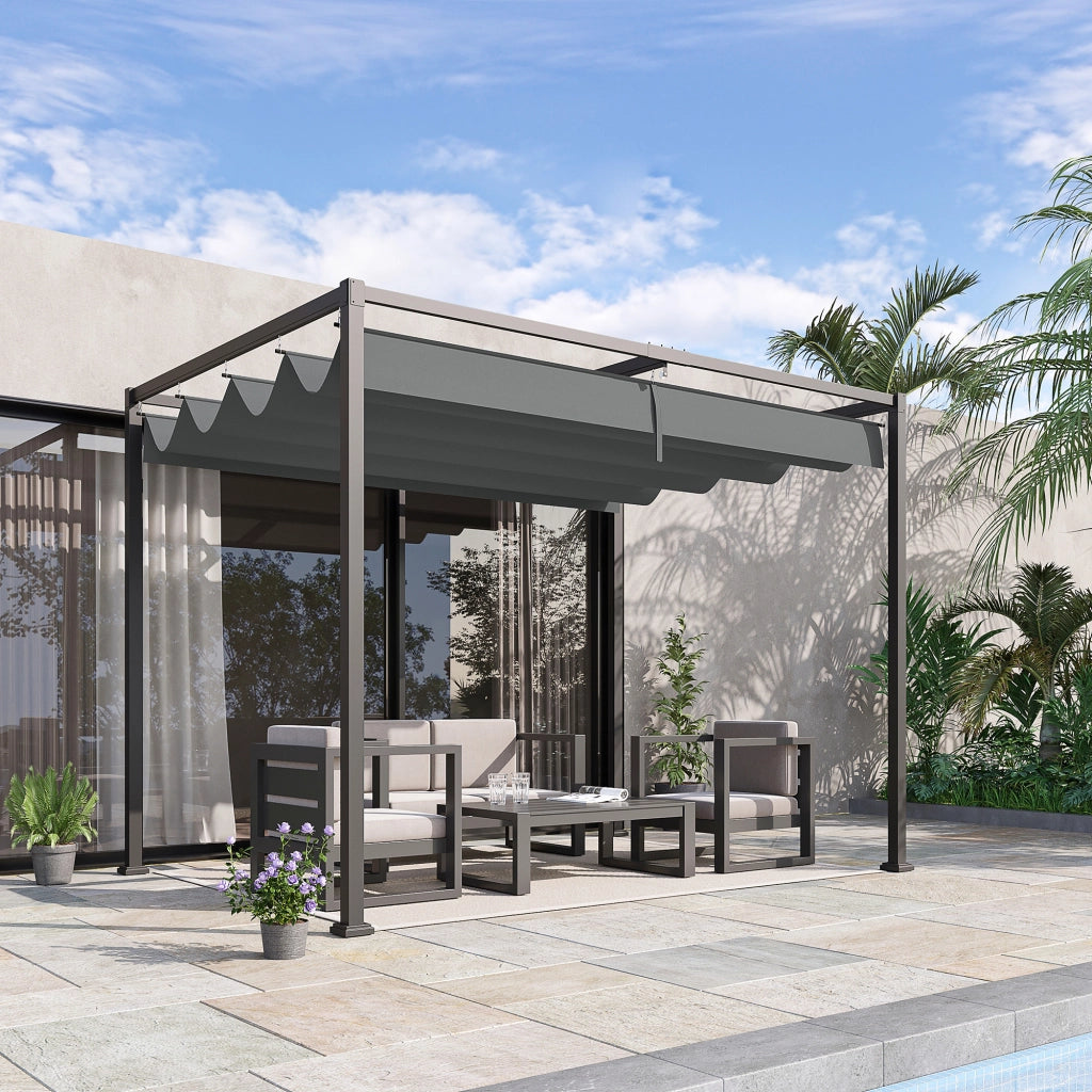 Tetto per patio in pergolato con tetto scorrevole 298 x 213 x 221 cm grigio poliestere impermeabile per giardino e patio
