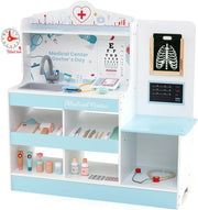 Set da Gioco Dottore in Legno, Centro Medico per Bambini con Orologio, Lavandino, Tabella Oculistica, Monitor ECG, Area Esame e 24 Accessori Giocattolo, 97 × 30,5 × 88 cm (Blu)