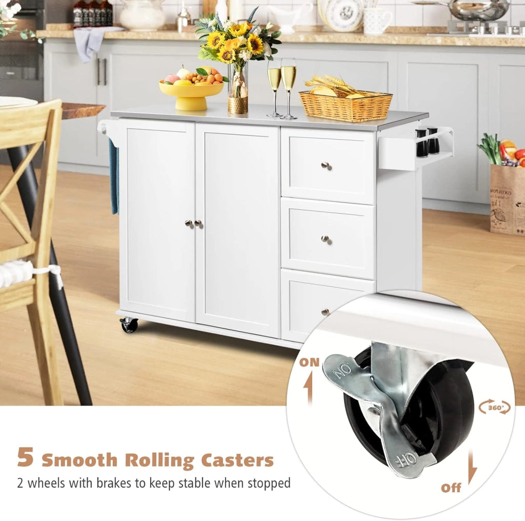 Carrello da cucina con piastra in acciaio inox, armadio da cucina con ruote, isola mobile con 3 cassetti e ripiani regolabili, carrello da servizio, carrello da cucina, carrello da cucina, 135