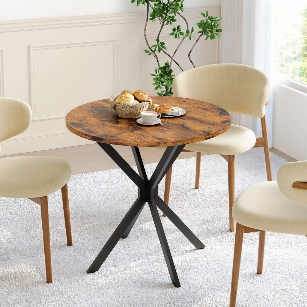 Tavolo da pranzo rotondo con base a X, per 2 persone, per cucina e home office, in truciolare e ferro, marrone nero, Ø 80 cm
