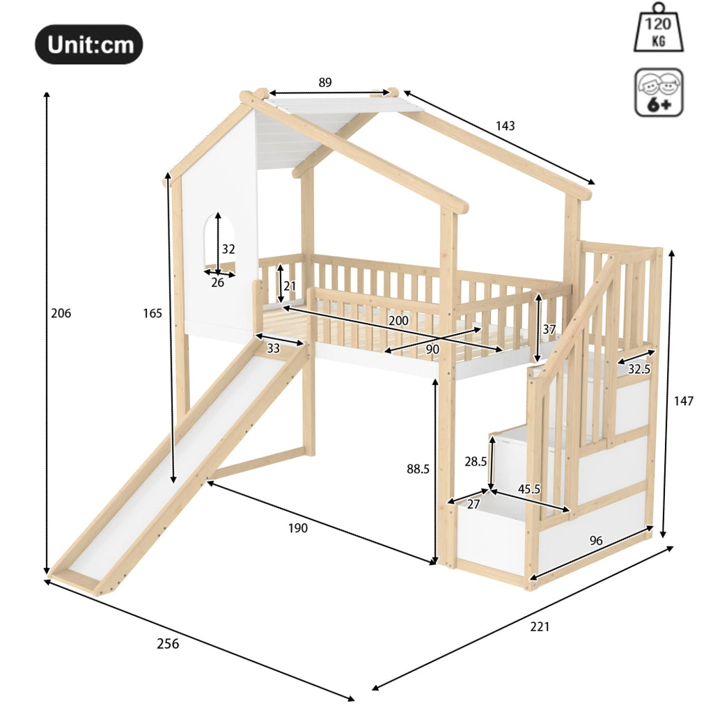 Letto a soppalco 90x200 cm con scivolo e scala contenitore in legno; naturale e bianco