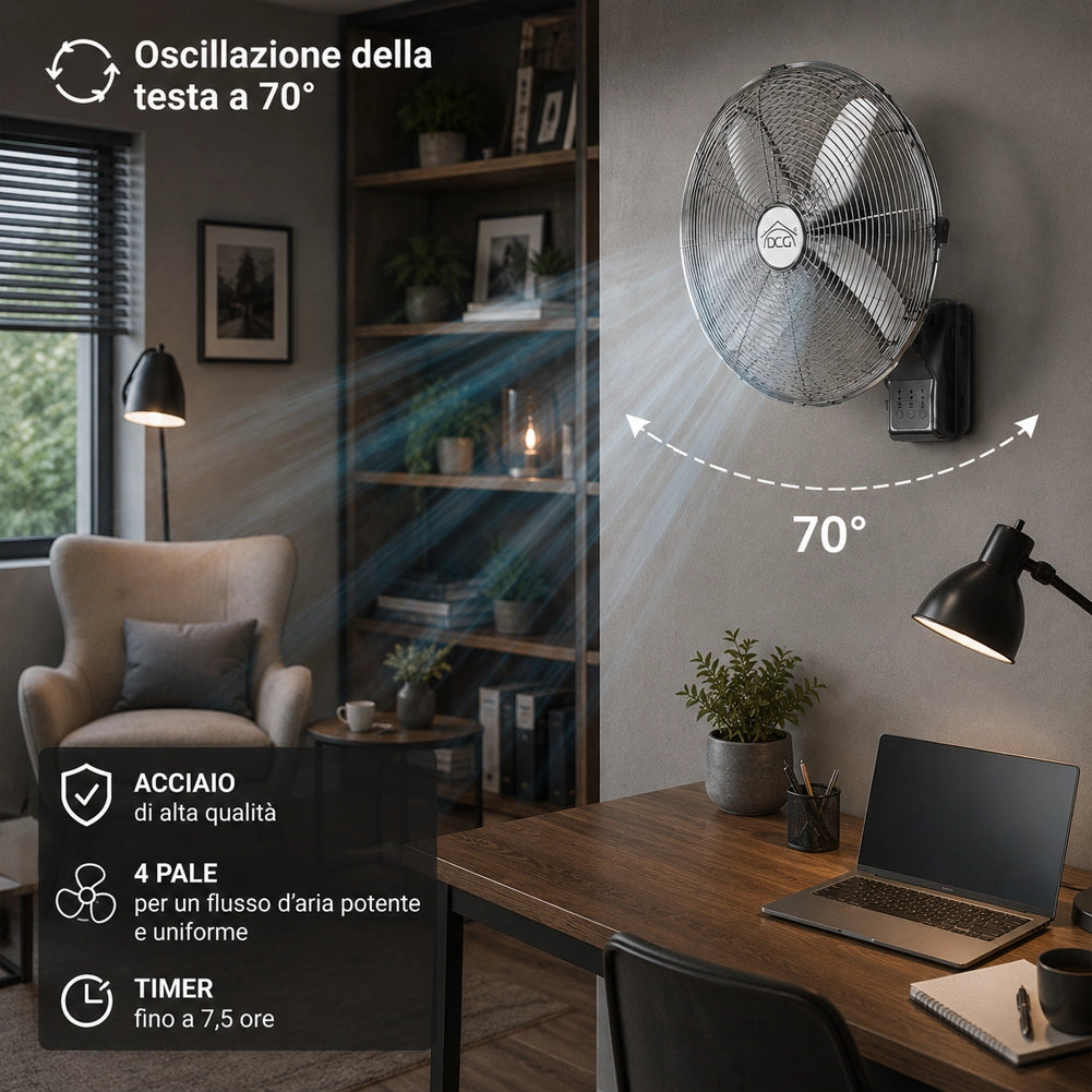 Ventilatore da Parete in Acciaio con 4 Pale e Telecomando 60W con Oscillazione