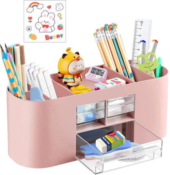 Penhouder con 10 compartimenti e cassetto, organizzatore multifunzionale per ufficio, casa e scuola - Rosa