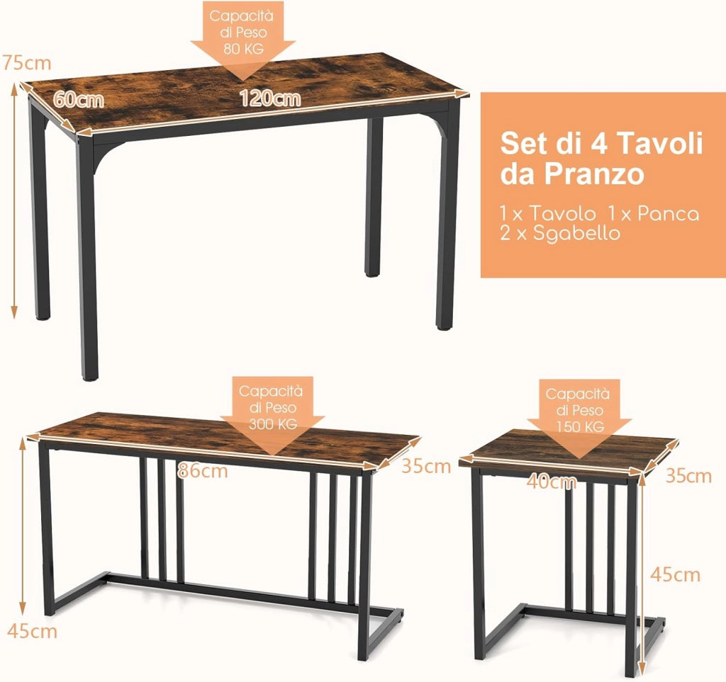 Set Tavolo da Pranzo 4 Pezzi 120x60x75cm, Tavolo da Cucina con 2 SgabellI e Panca in Stile Industriale per Sala da Pranzo, Bar e Ristorante (Marrone)