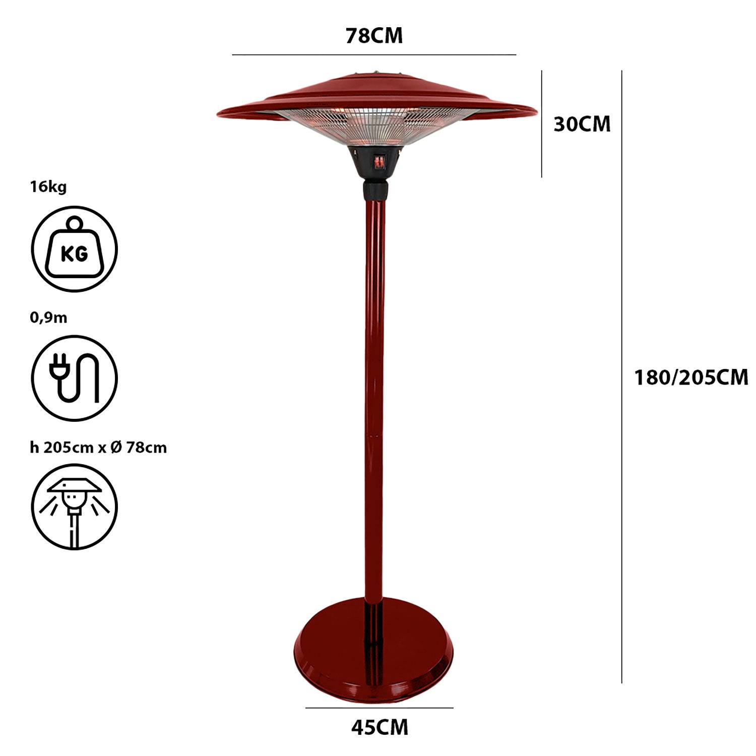 Stufa Elettrica Fungo Riscaldante Infrarossi Saturno Esterno-Interno Regolabile Bordeaux
