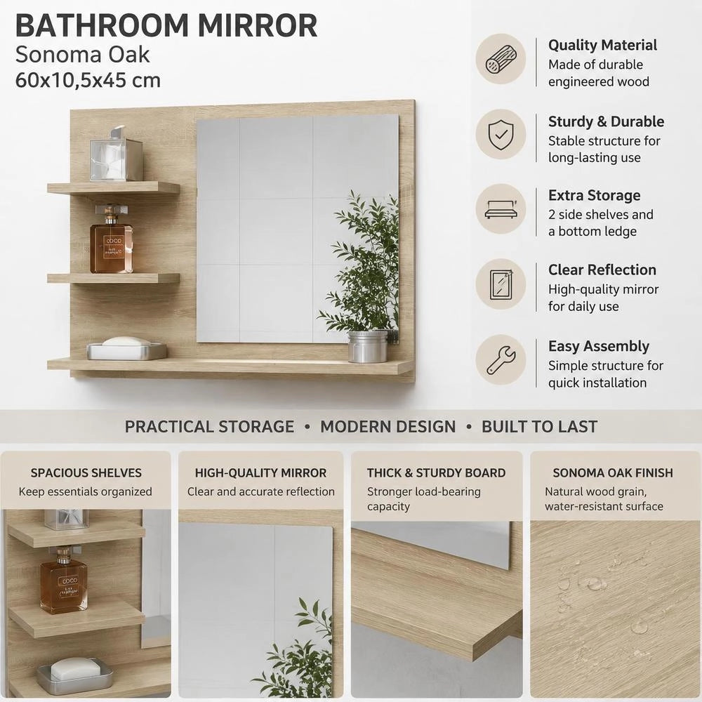 Bathroom Mirror Sonoma Oak 60x10.5x45 Cm Wood-based Material