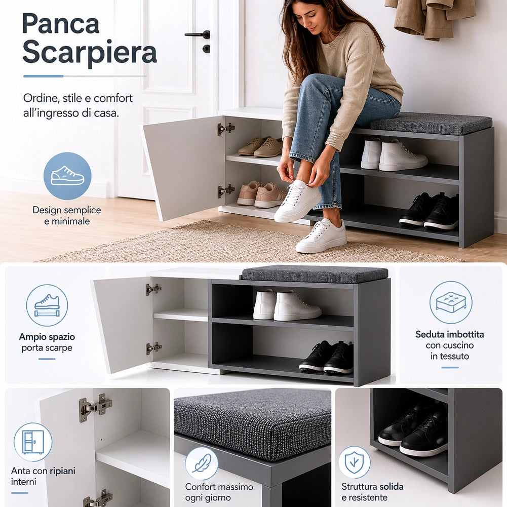 Panca Scarpiera Ingresso Casa 2 Ripiani Porta Scarpe con Anta e Cuscino Bianco