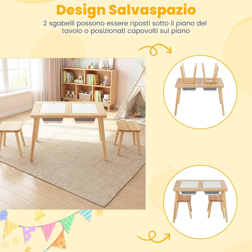Set Tavolo con 2 Sedie per Bambini 3+ Anni, Tavolo e Sedie con Piano Doppio Lato Rimuovibile e 2 Contenitori, Gambe Robuste in Legno, Tavolo Attività per Gioco e Disegno (con Sedie Quadrate)