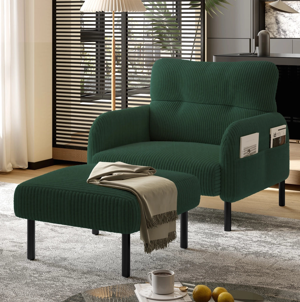 Pouf in velluto a coste verde smeraldo con struttura in metallo