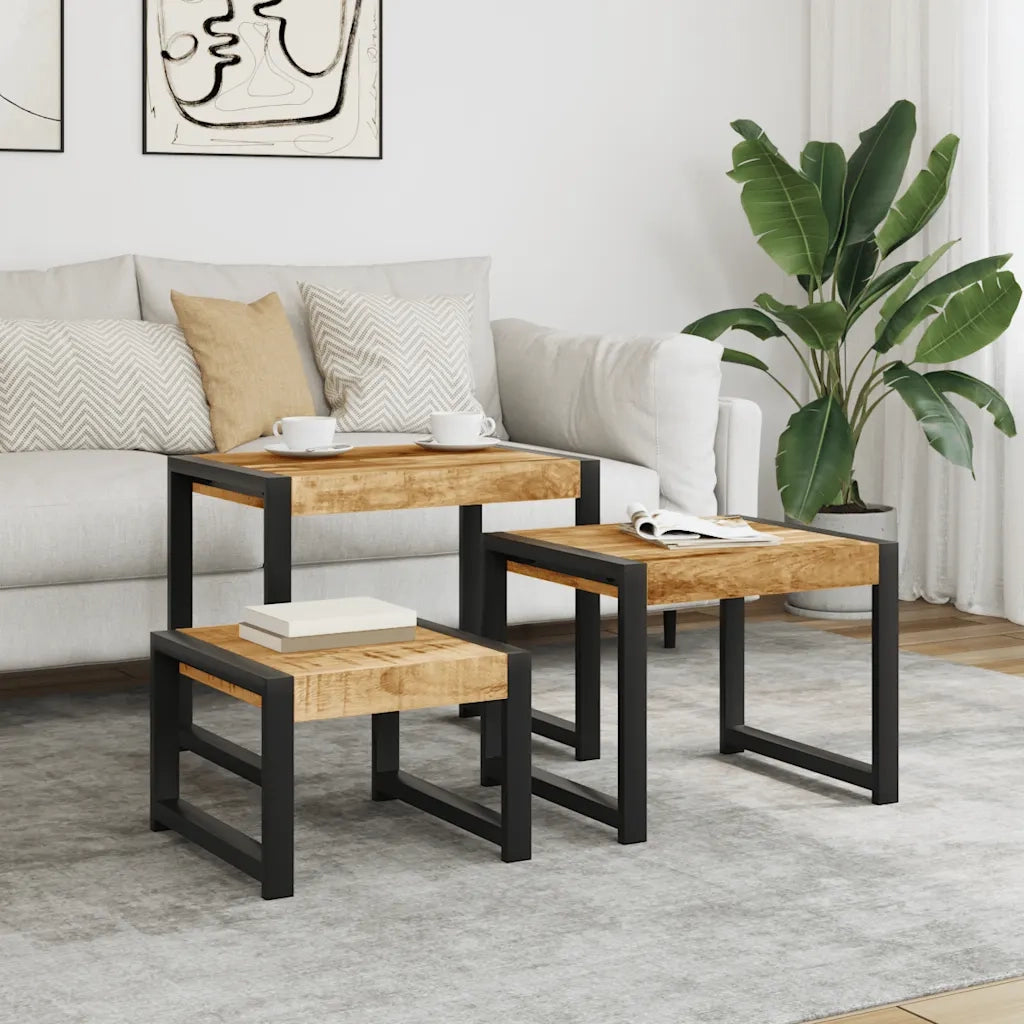 Tavolini Impilabili 3 pz | Tavolo laterale in Legno Massello di Mango
