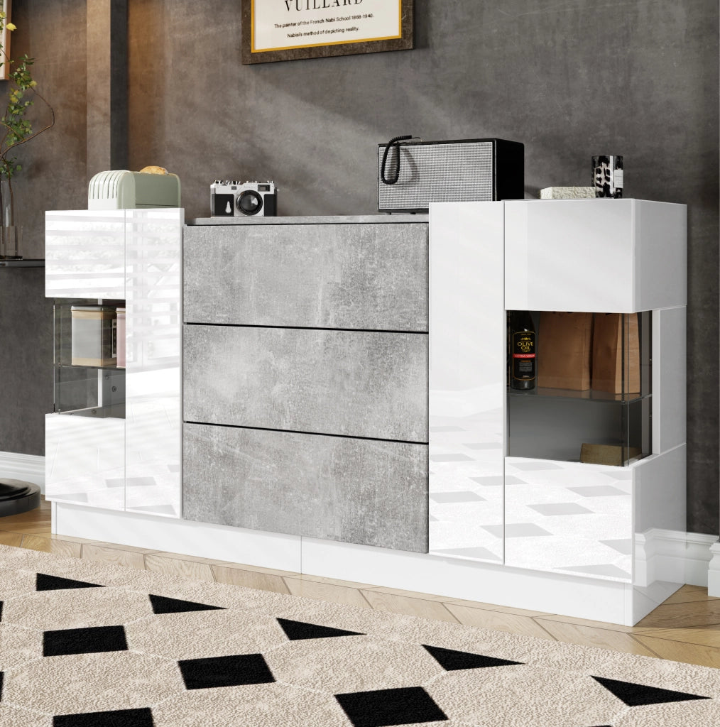 Credenza con LED, 2 ante e 3 cassetti effetto marmo 140 cm