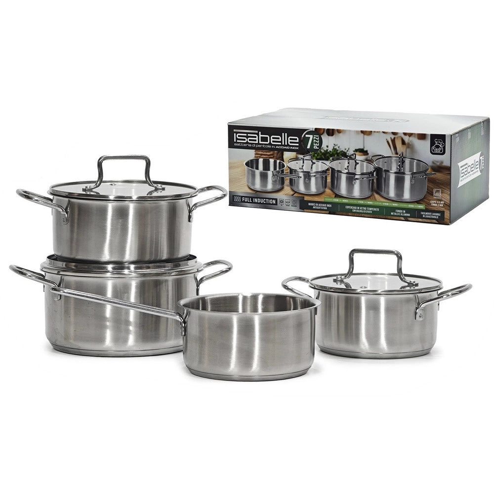 Trade Shop - Set Batteria Di Padelle 7pz In Acciaio Inox Con Fondo Full Induction Coperchi In Vetro -