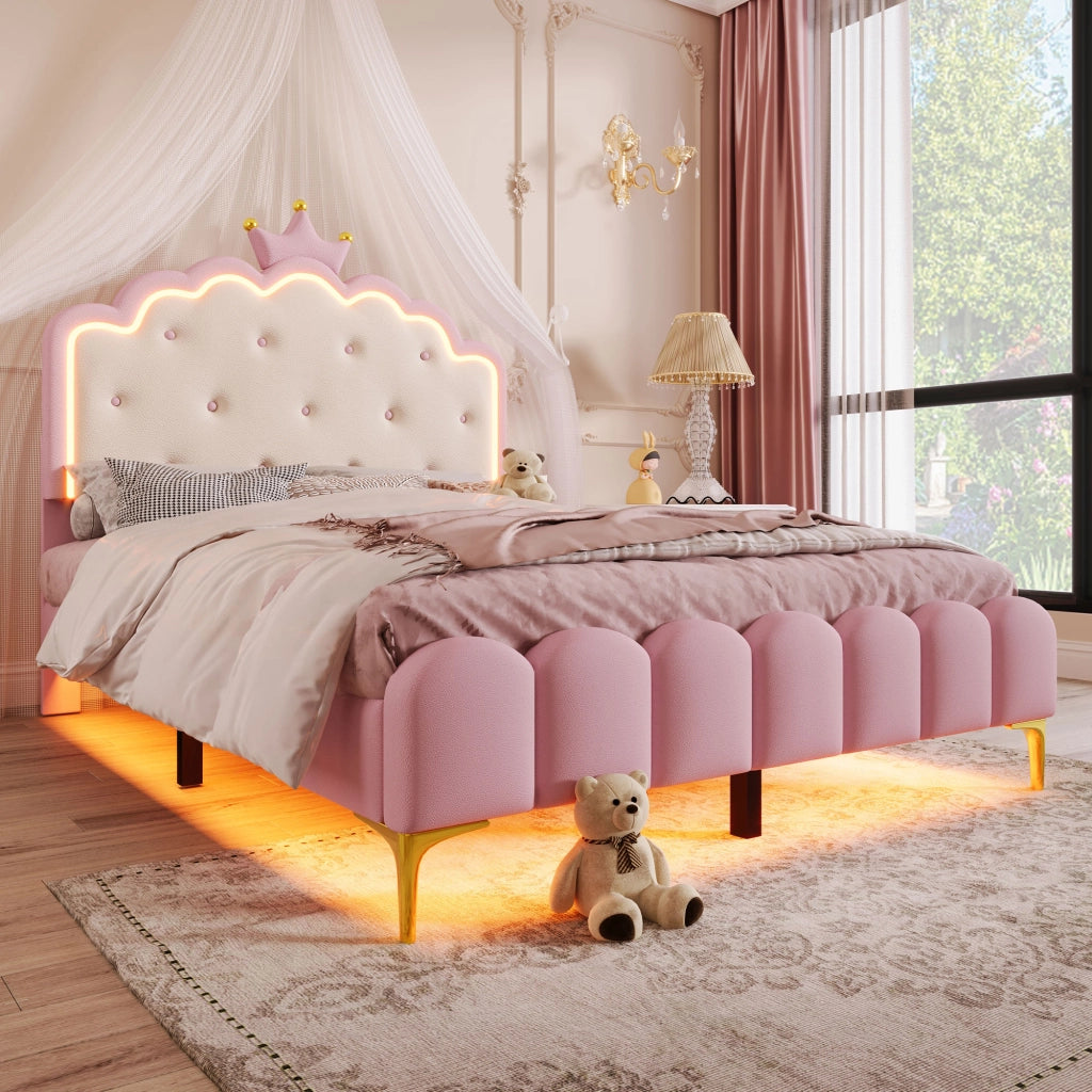 LETTO 140x200 cm in PU Rosa con illuminazione LED ambientale