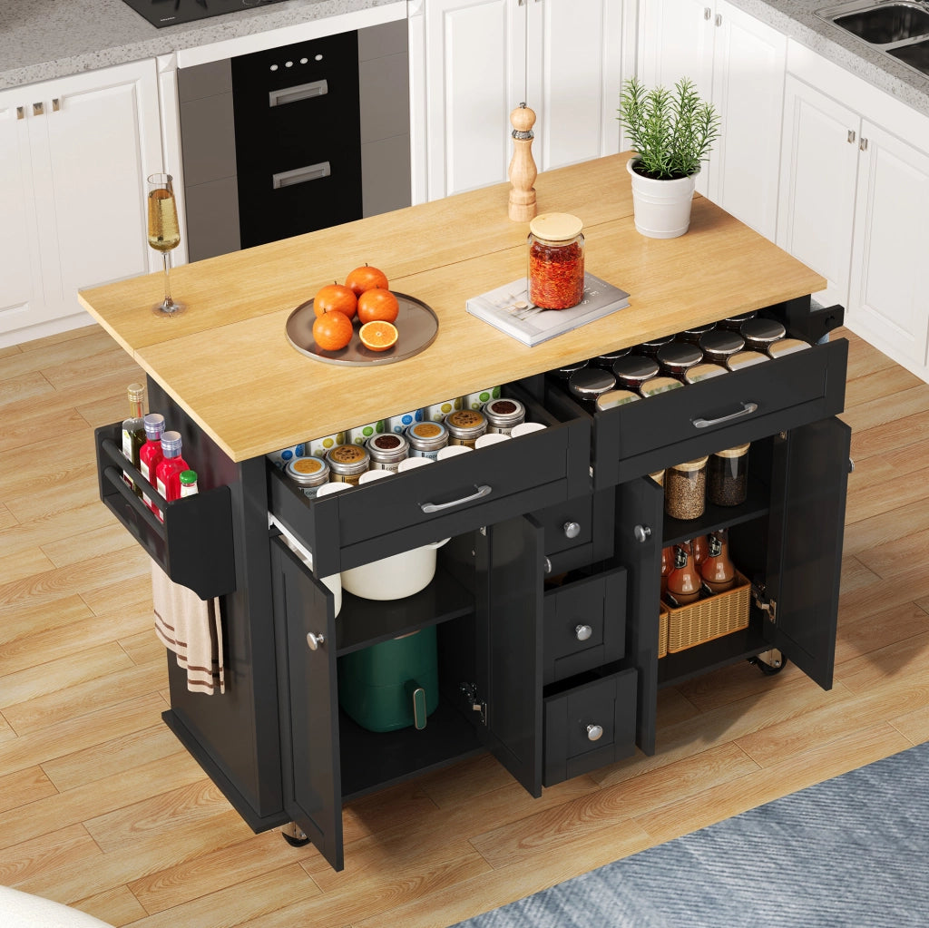 Carrello cucina con piano allungabile 140x65x89 cm in MDF; nero e naturale