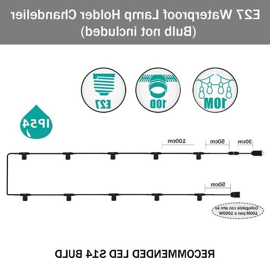 Cavo elettrico per esterno 10 metri 10 connettori E27 nero impermeabile cavo staccabile fino a 1000 W classe di efficienza energetica: A
