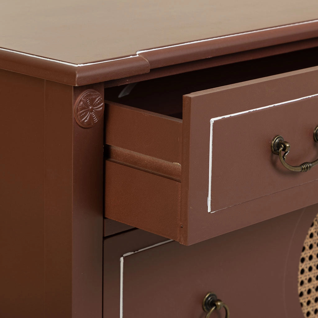 Cassettiera in legno e rattan con due cassetti marroni, 88x38x72h cm