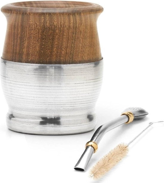 Set di Yerba Mate in legno di calabasa - tradizionale Palo Santo e alluminio - con Bombilla - base in legno - supporto BALIBETOV con stro Yerba Mate - tazza Yerba Mate