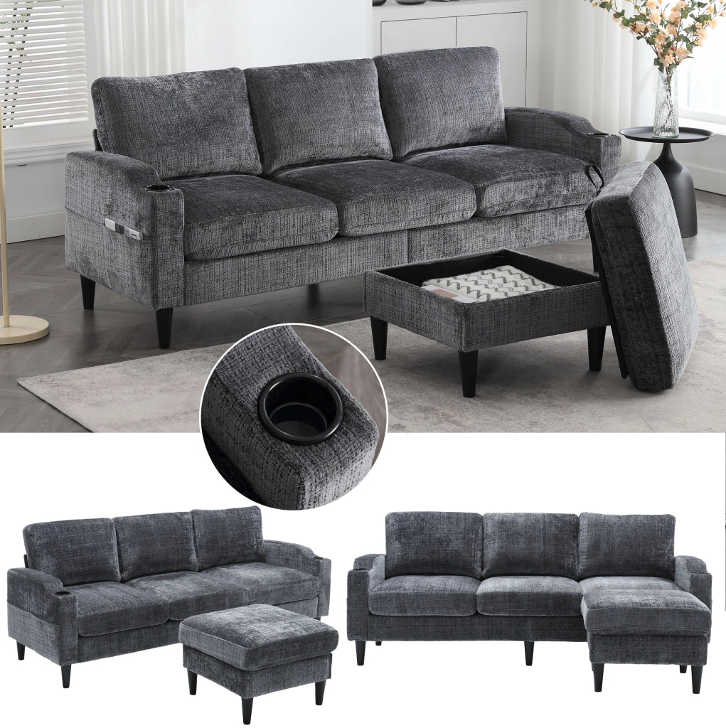 Divano 4 posti 196.5x75x77 cm con pouf contenitore; braccioli con porta bicchieri; chenille grigio
