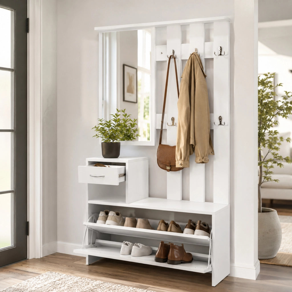 Mobiletto Da Ingresso Con Specchio Appendiabiti E Scarpiera Arredo Per Corridoio Entratina 97 X 35 X 25 Cm Bianco