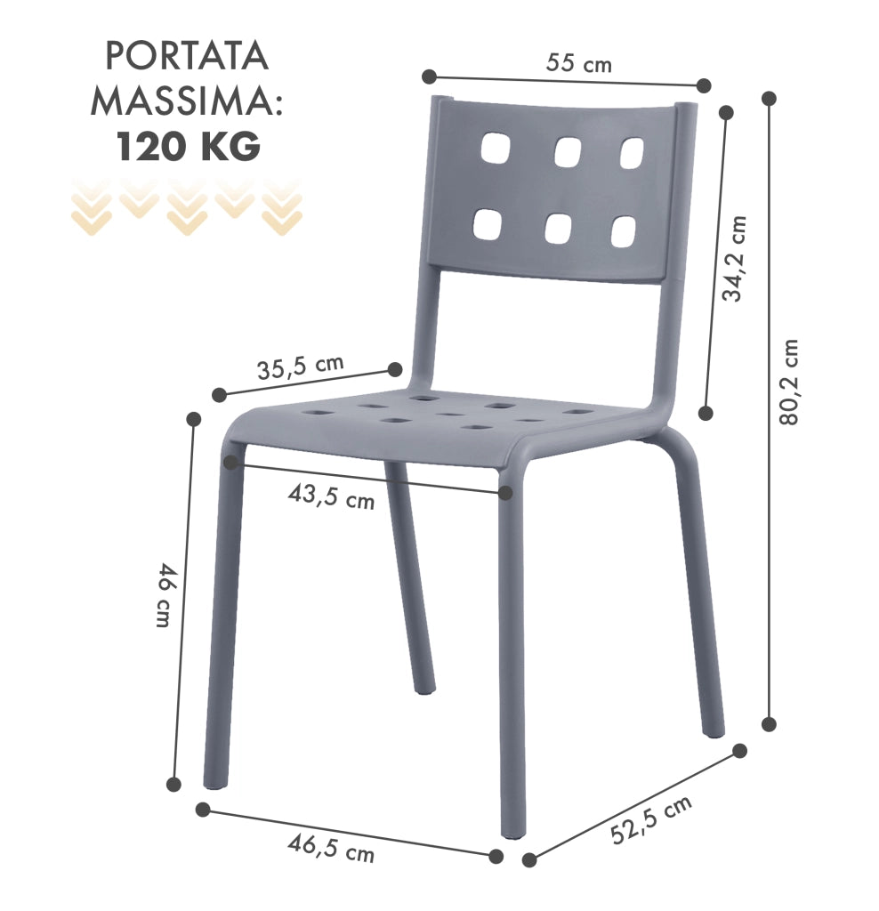 Set 4 Sedie In Polipropilene e Fibra Di Vetro Sedia Cucina Trattamento Uv Antiscolorimento Giardino Interno Esterno Moderne Robuste Resistenti Seduta Terrazzo Soggiorno Bar Ristorante Impilabili Zoe-Grigio