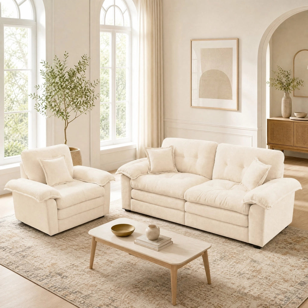 Divano a 2 posti in ciniglia con cuscini e seduta profonda, memory foam, Beige