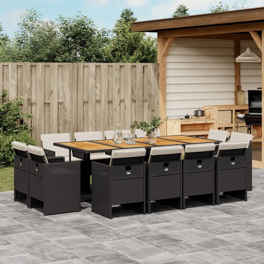Set da Pranzo da Giardino 13pz con Cuscini Nero in Polyrattan