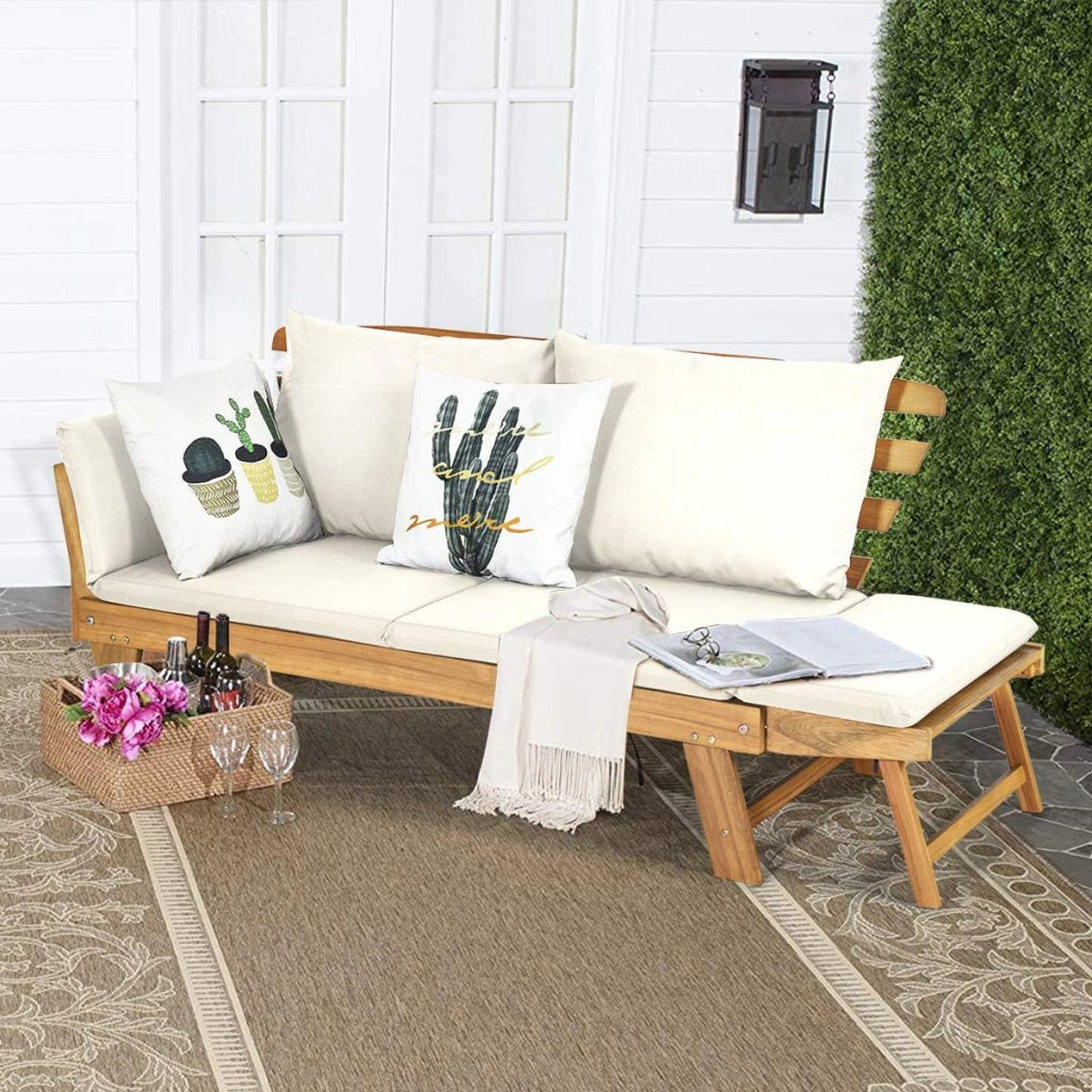Divano Esterno da Giardino 2 Posti con Cuscino，Set da Giardino in Legno Certificato FSC，Sdraio da Giardino Pieghevole da 2 Persone,153/194 x 72 x 76 cm，Beige/Grigio