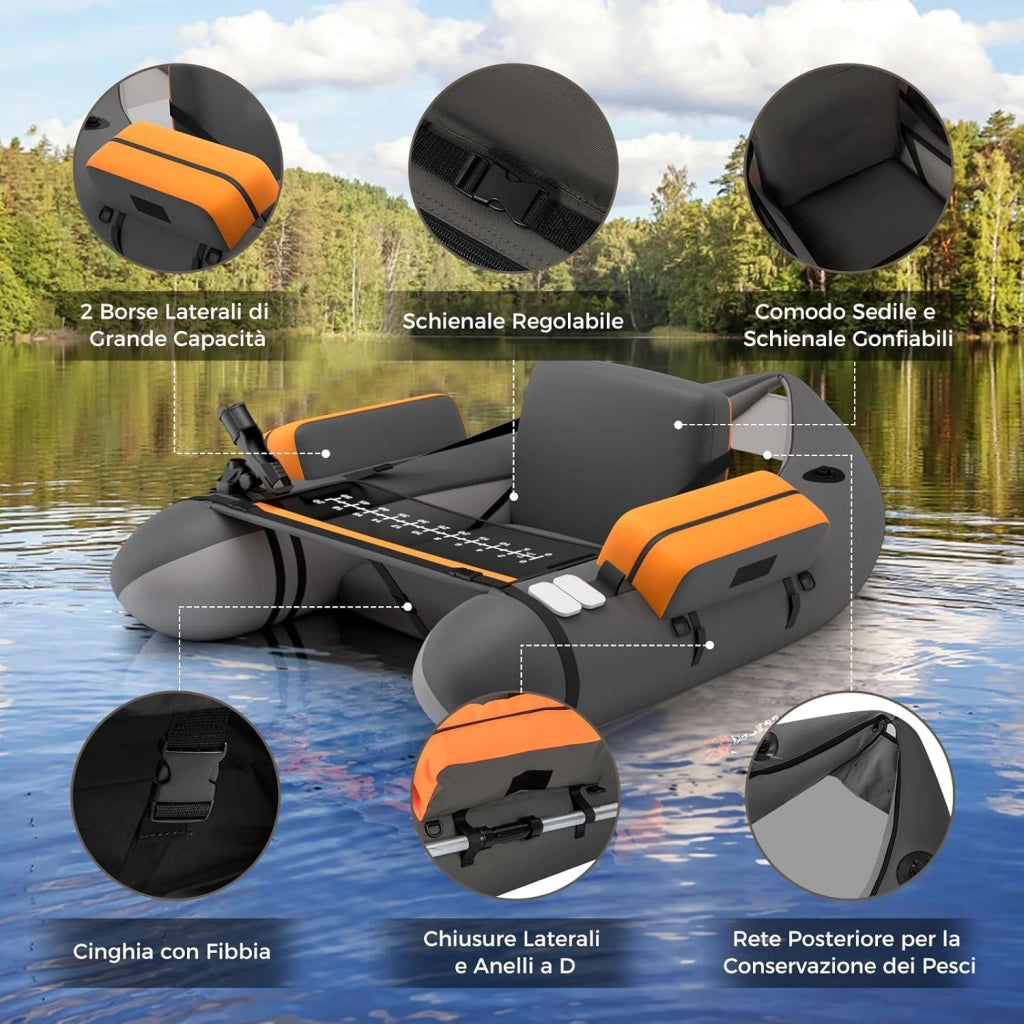 Belly Boat da Pesca Portatile, Gommone Gonfiabile da Pesca con Porta Canne Regolabile, Pompa, Pagaia in Alluminio, Spallacci e Kit di Riparazione, Barca da Mare con 2 Pinne, capacità 160kg