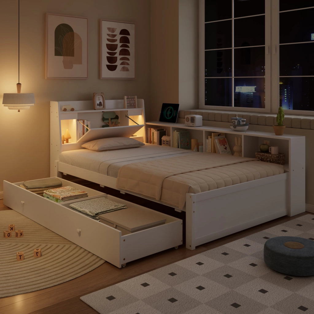 Letto singolo 90x200 cm con testiera contenitore e luci