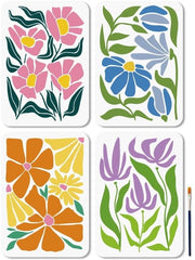 Set di stencil per fiori - 4 pezzi stencil riciclabili - 29,7 × 21 cm - Plastica - Disegno floreale boho - Inclusa spazzola per vernice - Stencil per pittura