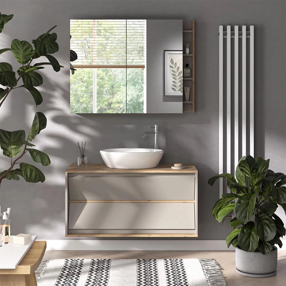 Specchio contenitore bagno Edelin, Cachemire, 100 x 75 cm con ripiani, per montaggio a parete con superficie a specchio integrata