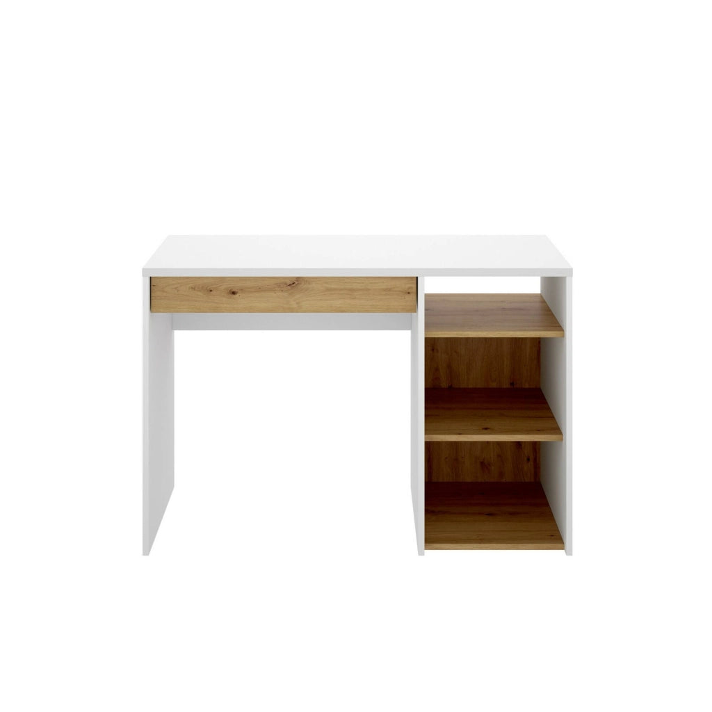 Scrivania Antonello, Scrittoio ufficio salvaspazio multiuso, Tavolo da studio lineare con 1 cassetto e 3 ripiani, 110x50h74 cm, Bianco e Rovere Nodi