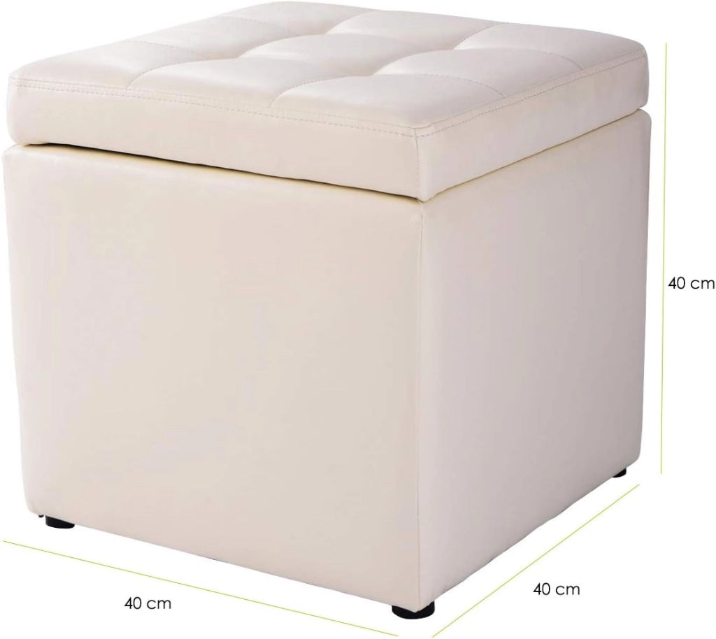 Pouf Cubo Poggiapiedi, Sgabello Quadrato Contenitore, Ottomana con Coperchio, con Vano Portaoggetti, Piedini Antiscivolo, Portata di 300 kg, 40 x 40 x 40 cm, Nero/Marrone/Bianco
