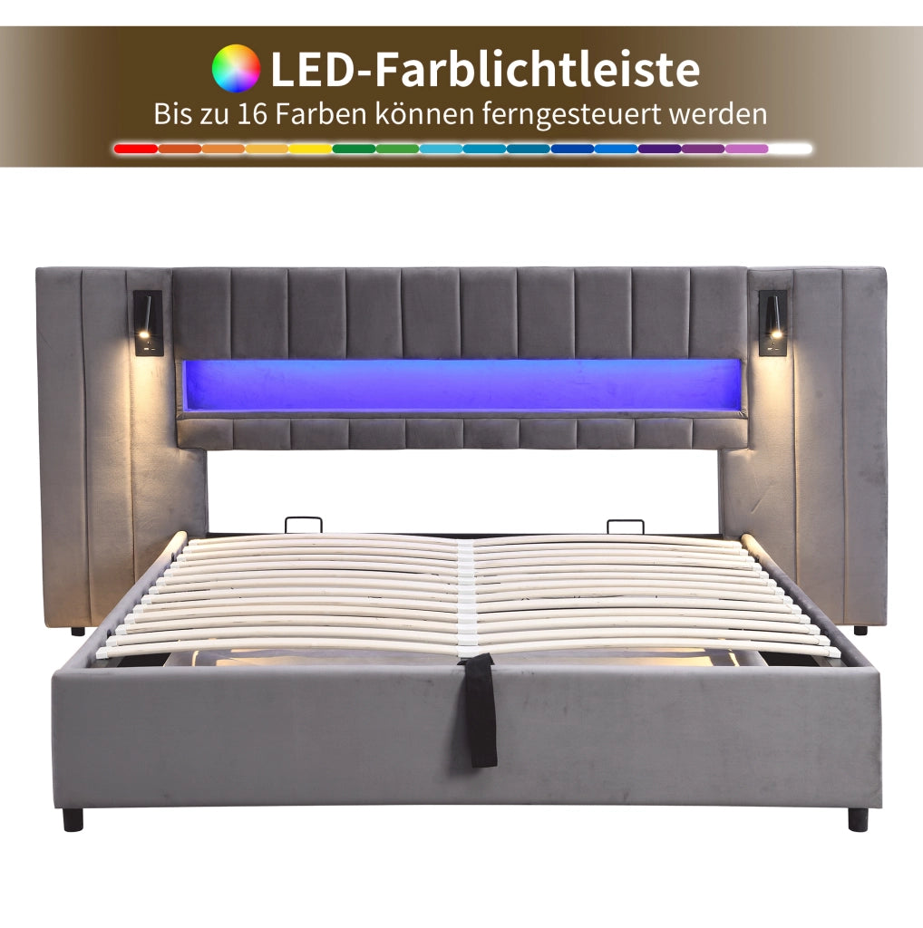 Letto matrimoniale 180x200 cm in velluto grigio con LED e USB