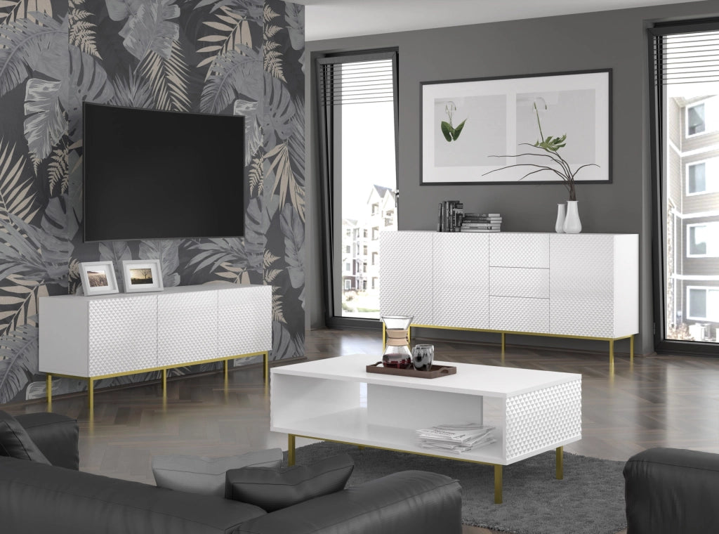 MOBILE RAVENNA C DIAMOND MDF HG PORTA TV 4D 200 BIANCO OPACO GAMBE BIANCO LUCIDO ORO