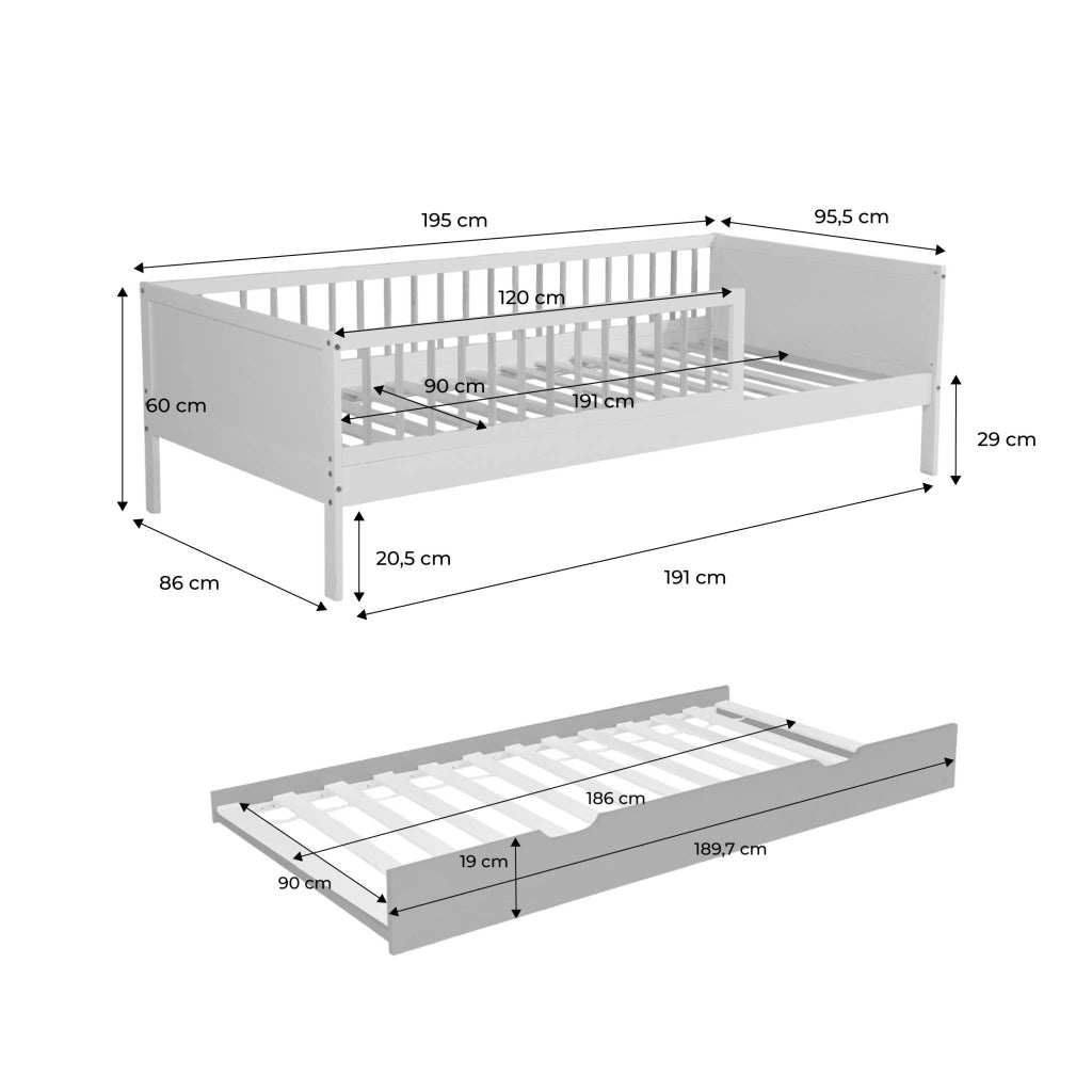 Letto a nido per bambini in pino naturale con rete a doghe e cassetto,