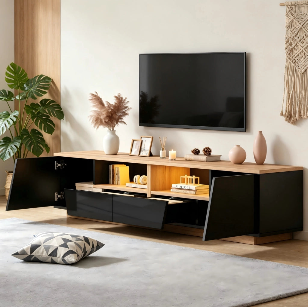 Mobile TV 180x40x46 cm con LED, 2 ante e 2 cassetti, nero e legno