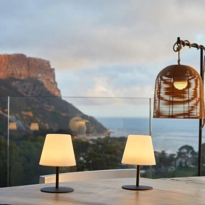 Confezione da 2 lampade da tavolo senza fili - LUMISKY - TWINS - H16 cm - Base in acciaio grigio - Bianco caldo e LED bianco
