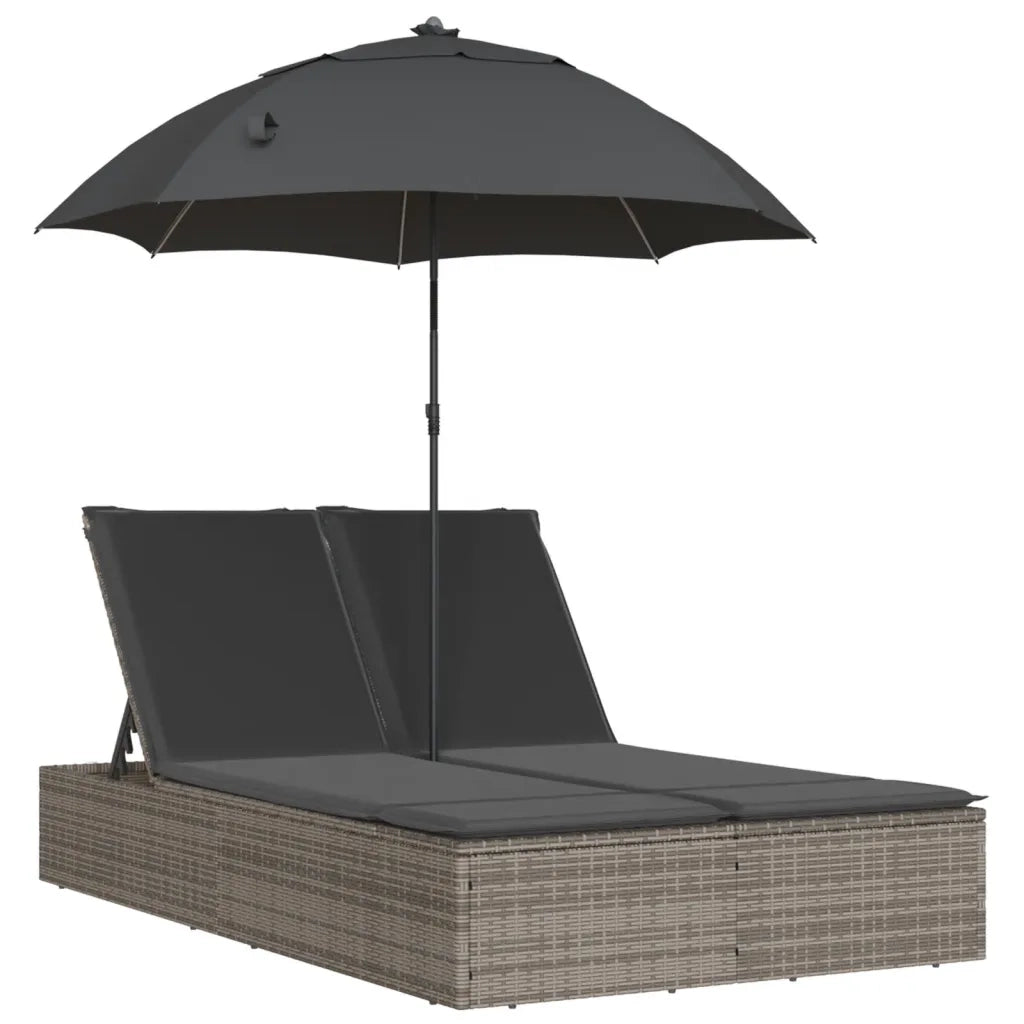 vidaXL Lettino Prendisole Doppio Cuscini e Parasole Grigio Polyrattan