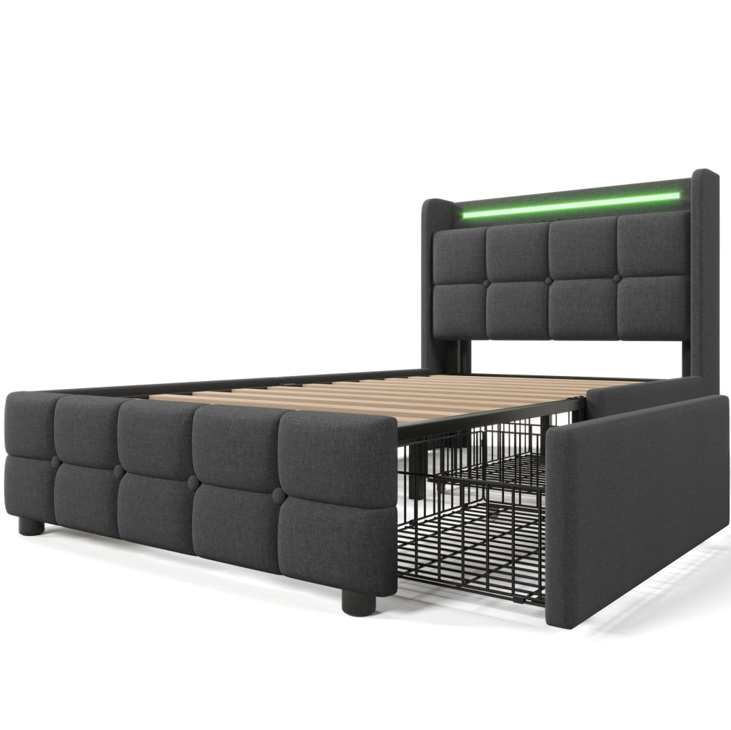 Letto singolo 90x200 cm con LED; porta USB e 2 cassetti; grigio