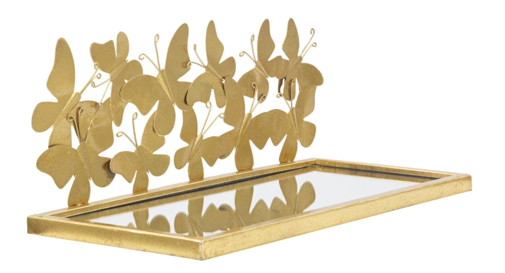 Comodino coppia mensola BUTTERFLIES 43x19,2x16,5 cm metallo dorato con piano in vetro