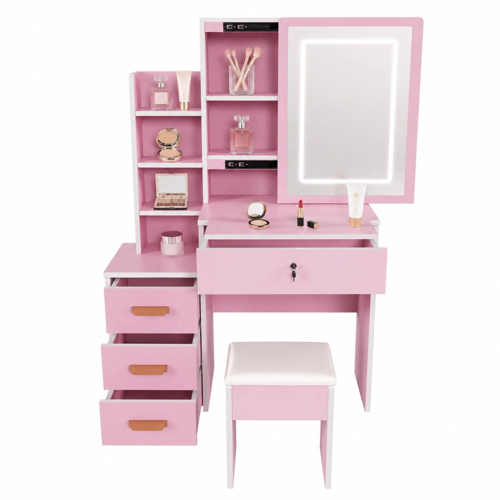 Toeletta rosa con specchio LED, sgabello e vani contenitore